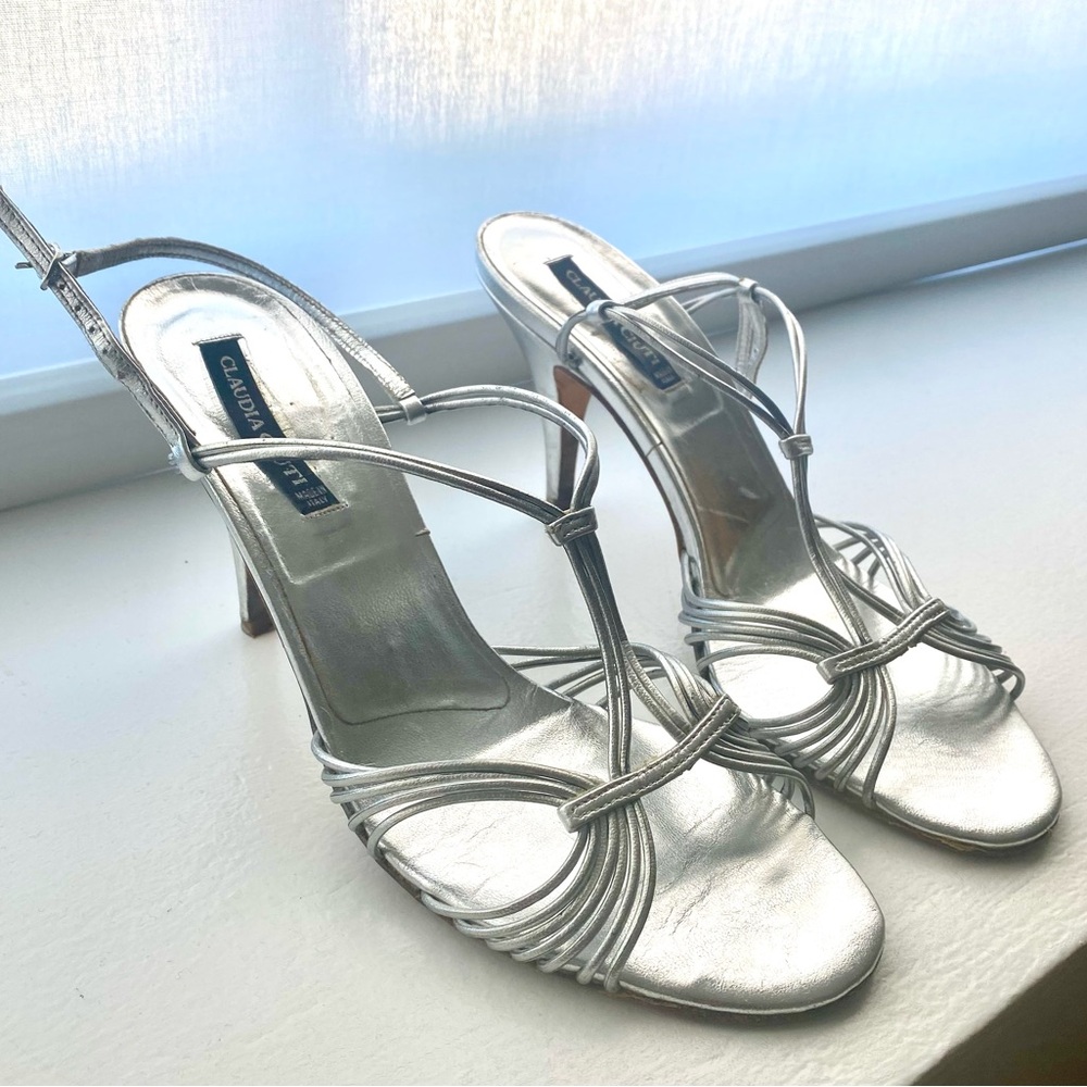 Silver Strappy Heels All Leather Made in Italy